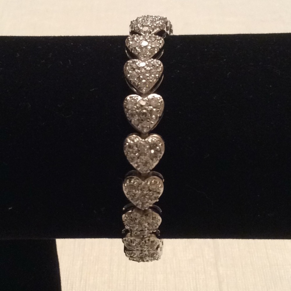 CZ Pave Heart 925 Sterling Tennis Bracelet. 7”
